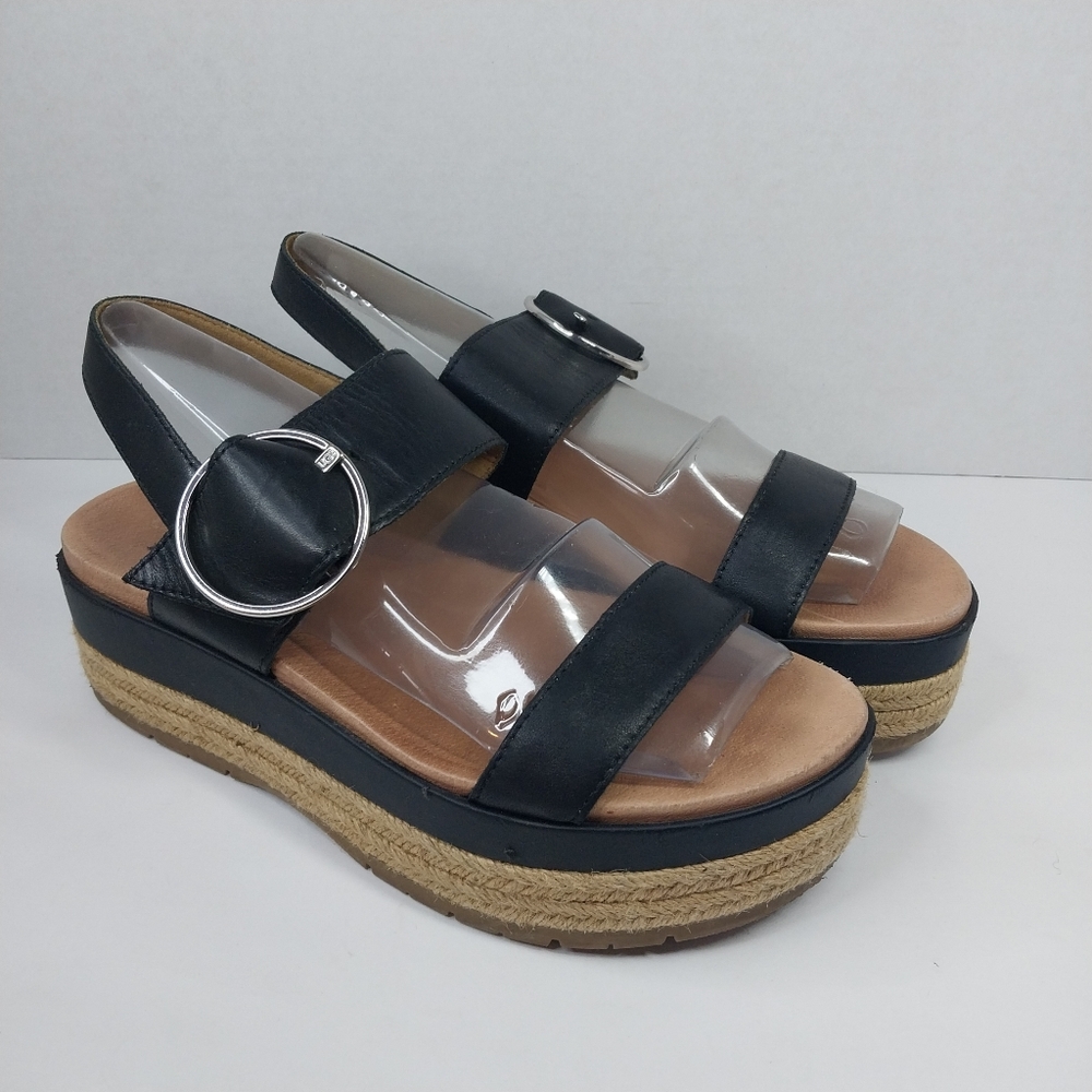 UGG Sandals April Womens Size 9 Black Strappy Leather Espadrille Platform Shoes